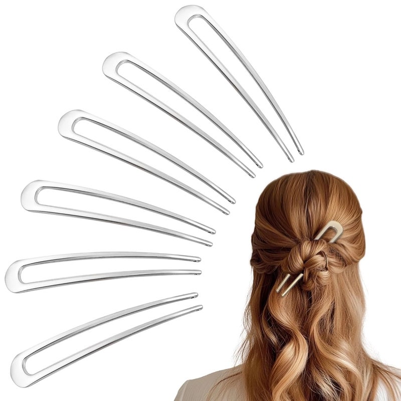 hisial 6Pcs Metal French Hair Pins for Women U Shape Sticks 3.9 Inch Vintage Fork for Hairstyle Accessories(Silver) - Image 1
